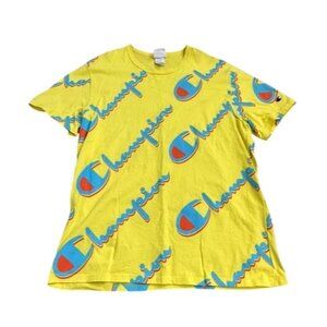 Champion T shirt All over Print Logo Script Yellow Blue Orange XL AOP Streetwear